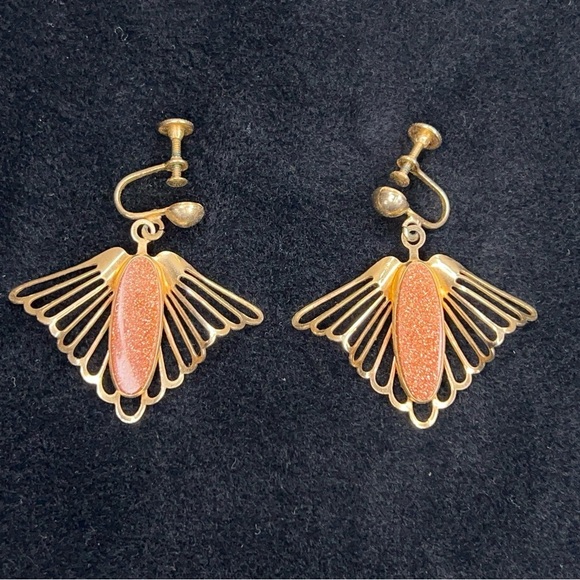 Vintage Gold Sunstone Clip On Earrings Screw Back Style Gift Retro Boho Glam - Picture 4 of 10